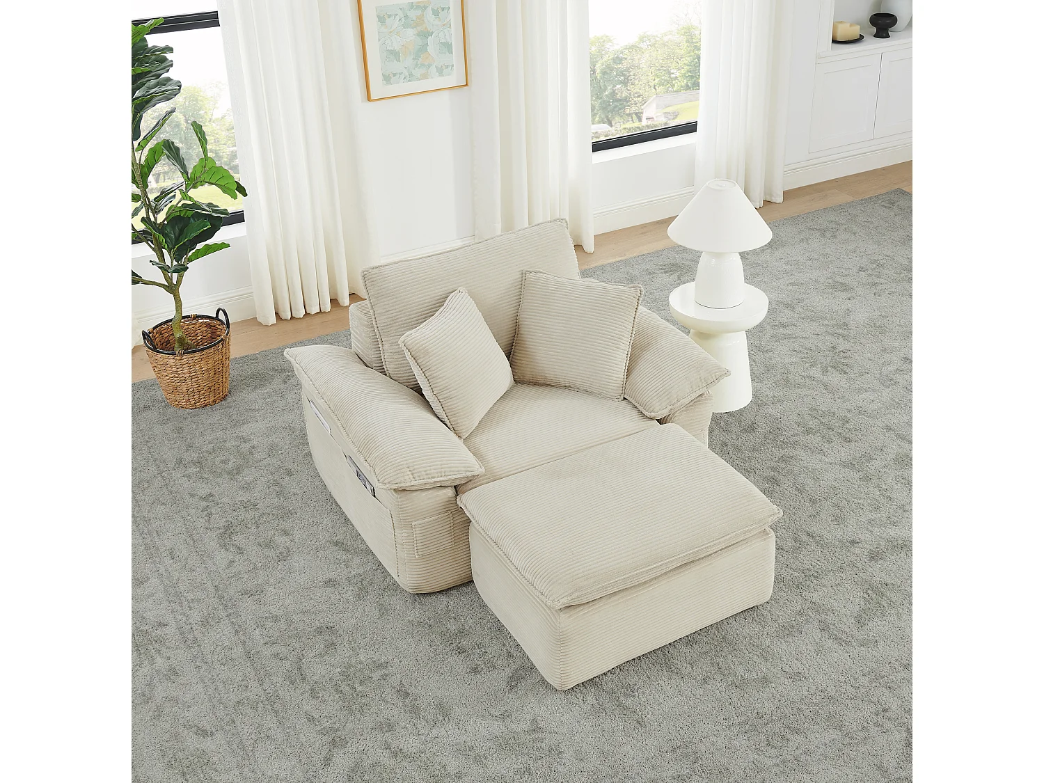 Canapé modulable 1 place avec repose-pieds et poches de rangement, en tissu, beige