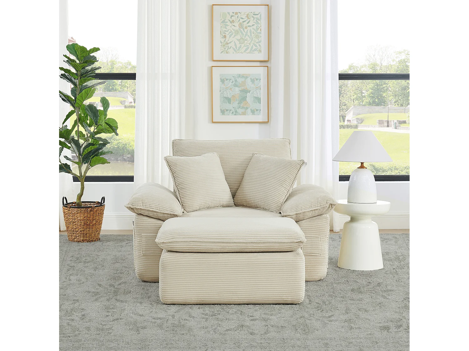 Canapé modulable 1 place avec repose-pieds et poches de rangement, en tissu, beige