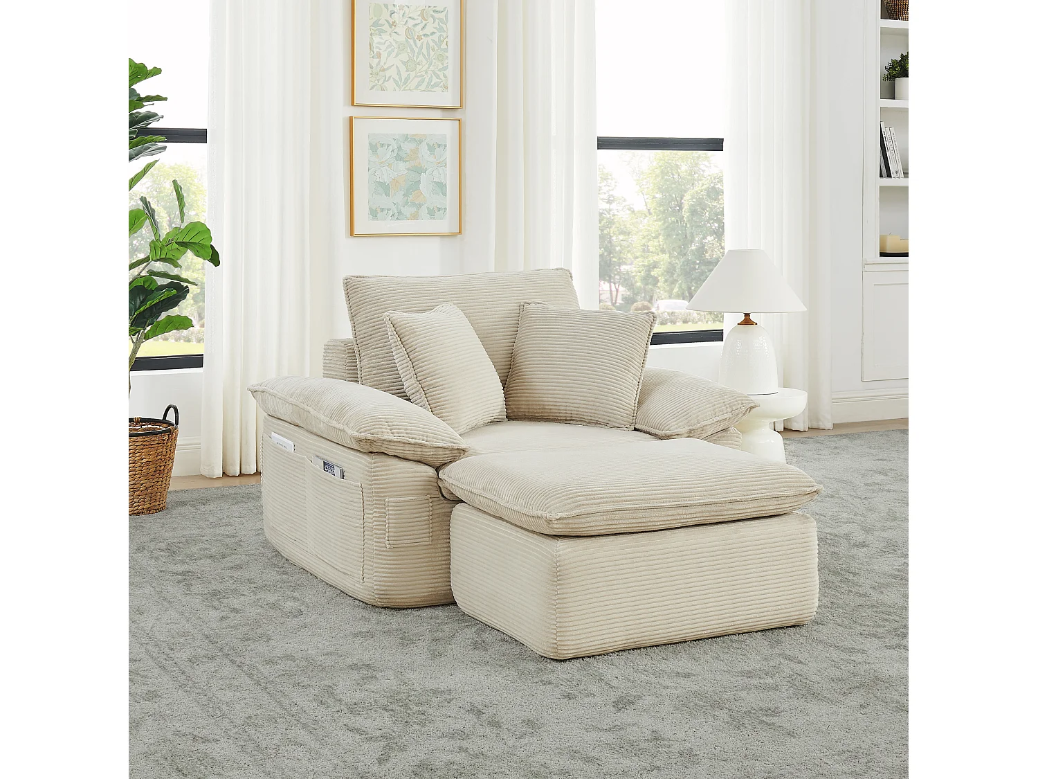 Canapé modulable 1 place avec repose-pieds et poches de rangement, en tissu, beige