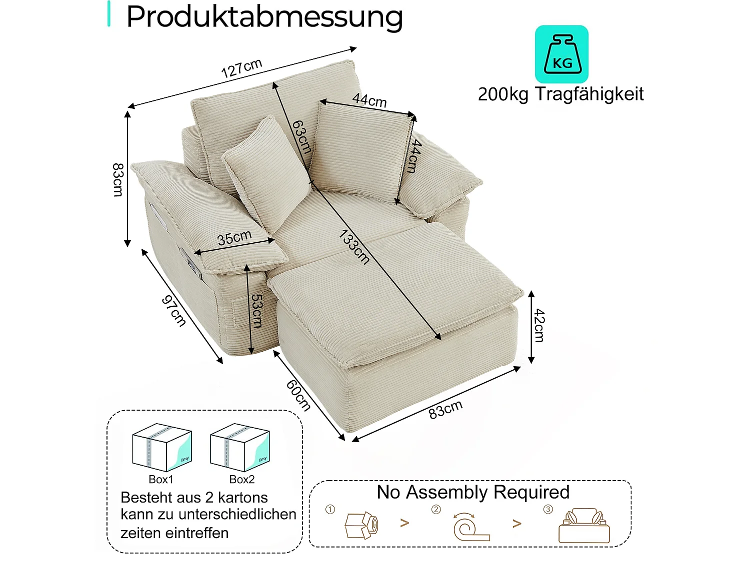 Canapé modulable 1 place avec repose-pieds et poches de rangement, en tissu, beige