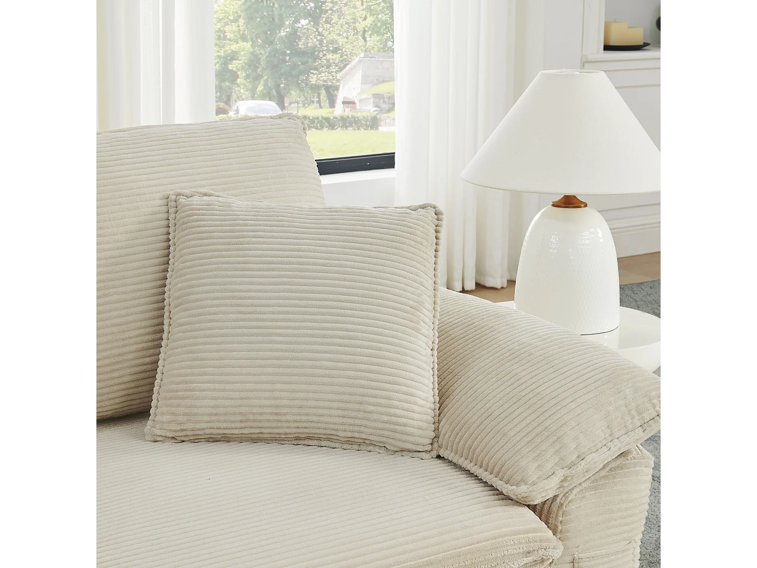 Canapé modulable 1 place avec repose-pieds et poches de rangement, en tissu, beige