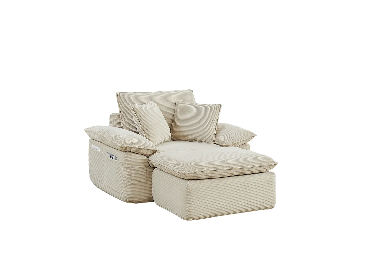 Canapé modulable 1 place avec repose-pieds et poches de rangement, en tissu, beige