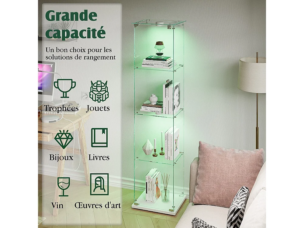 Armoire d'affichage moderne - 4 couches 1 porte - avec éclairage - verre trempé - Pat Light - blanc