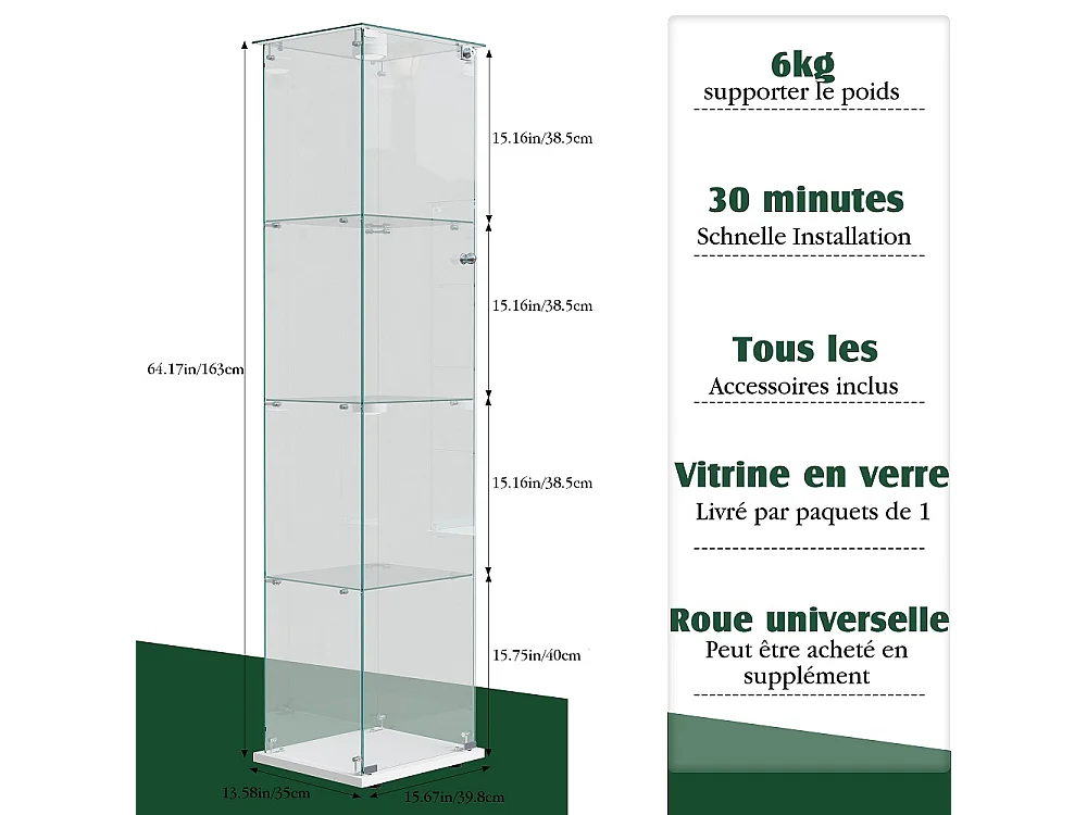 Armoire d'affichage moderne - 4 couches 1 porte - avec éclairage - verre trempé - Pat Light - blanc