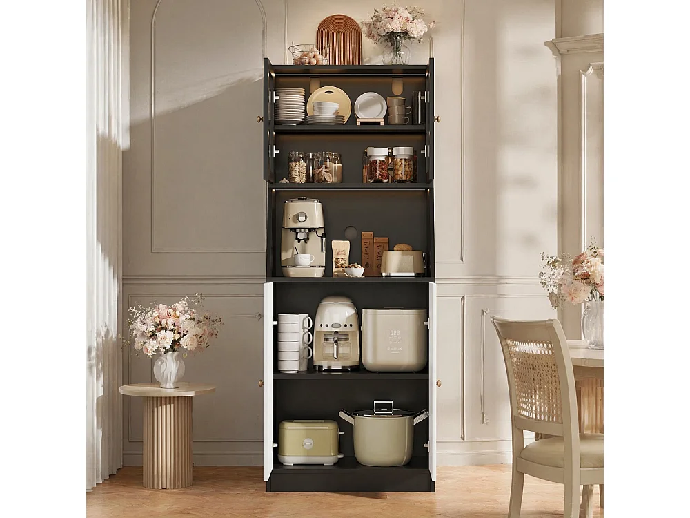Armoire de cuisine - 70 x 40 x 180 cm - avec éclairage LED et compartiments de rangement multiples - noir