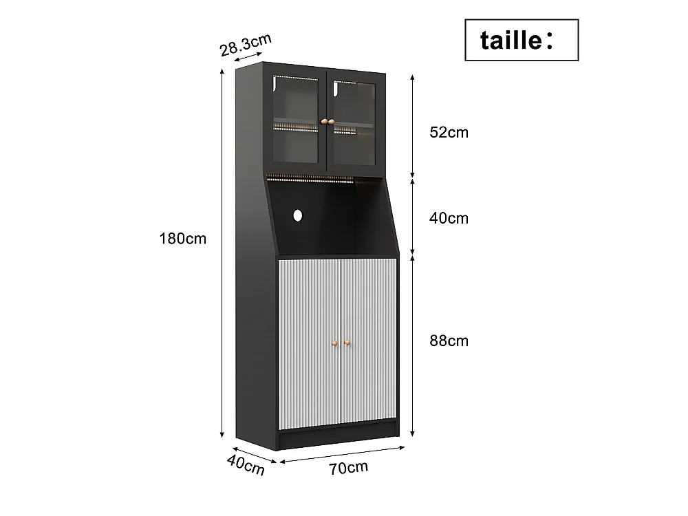 Armoire de cuisine - 70 x 40 x 180 cm - avec éclairage LED et compartiments de rangement multiples - noir