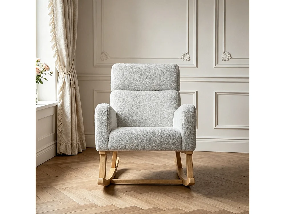 Chaise à bascule - avec accoudoirs et poche latérale - Base en bois - Tissu en peluche en peluche - Gris clair