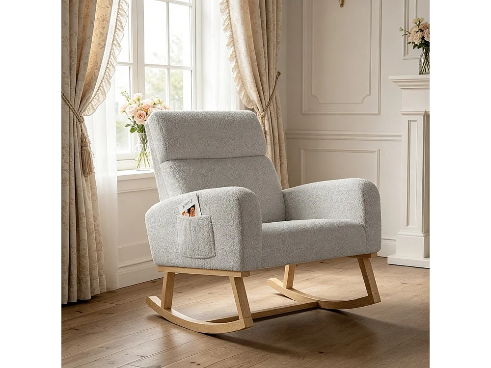 Chaise à bascule - avec accoudoirs et poche latérale - Base en bois - Tissu en peluche en peluche - Gris clair