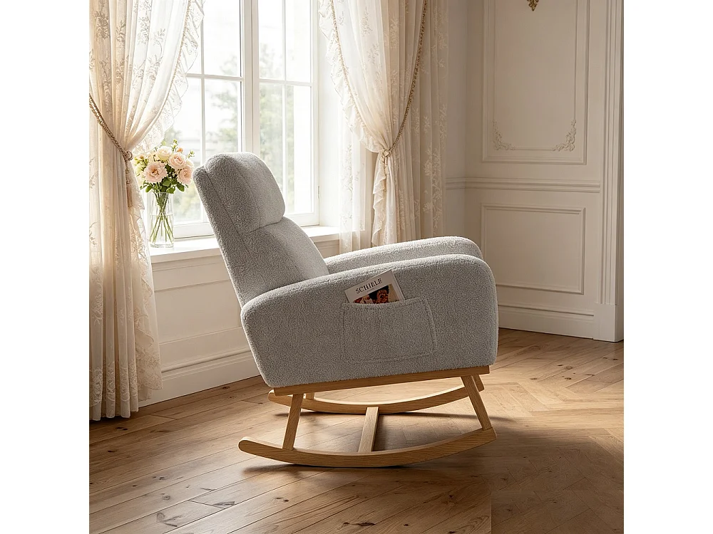Chaise à bascule - avec accoudoirs et poche latérale - Base en bois - Tissu en peluche en peluche - Gris clair