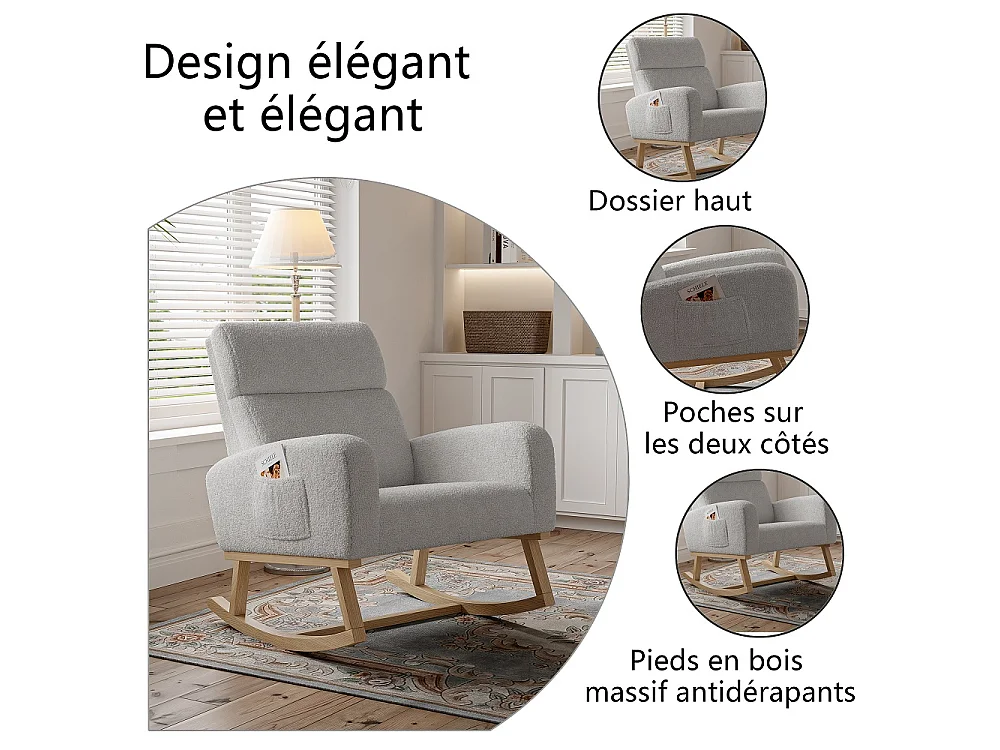 Chaise à bascule - avec accoudoirs et poche latérale - Base en bois - Tissu en peluche en peluche - Gris clair