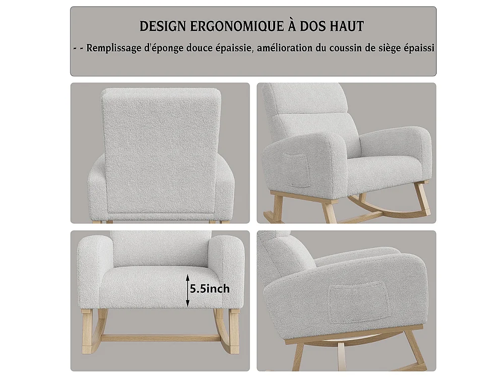 Chaise à bascule - avec accoudoirs et poche latérale - Base en bois - Tissu en peluche en peluche - Gris clair
