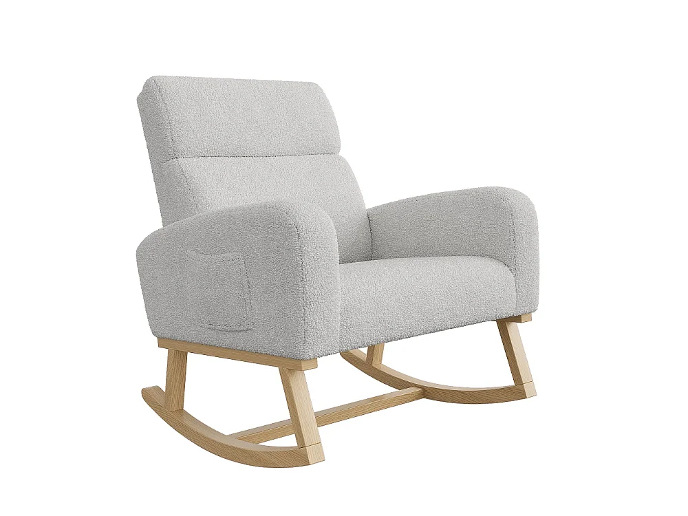 Chaise à bascule - avec accoudoirs et poche latérale - Base en bois - Tissu en peluche en peluche - Gris clair