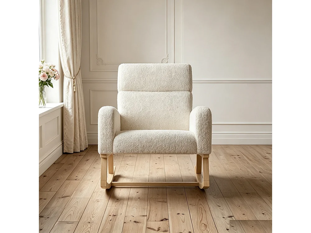 Chaise à bascule - avec accoudoirs et poche latérale - Base en bois - Tissu en peluche en peluche - Beige