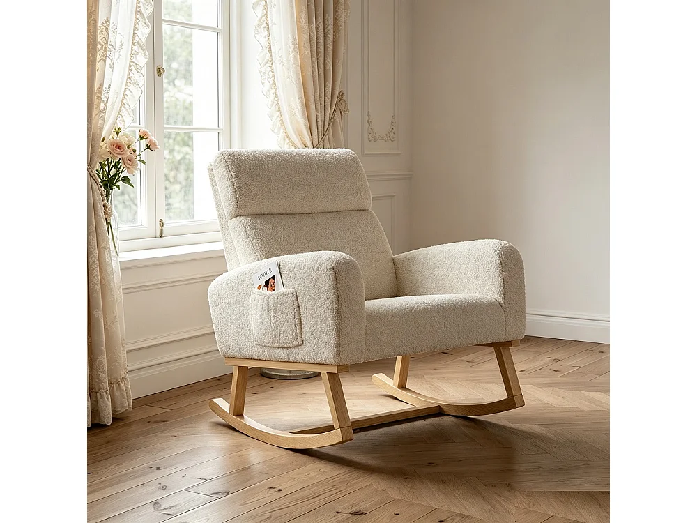 Chaise à bascule - avec accoudoirs et poche latérale - Base en bois - Tissu en peluche en peluche - Beige