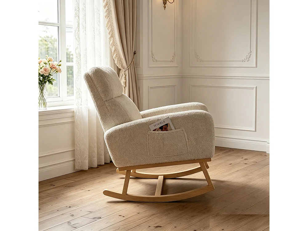 Chaise à bascule - avec accoudoirs et poche latérale - Base en bois - Tissu en peluche en peluche - Beige
