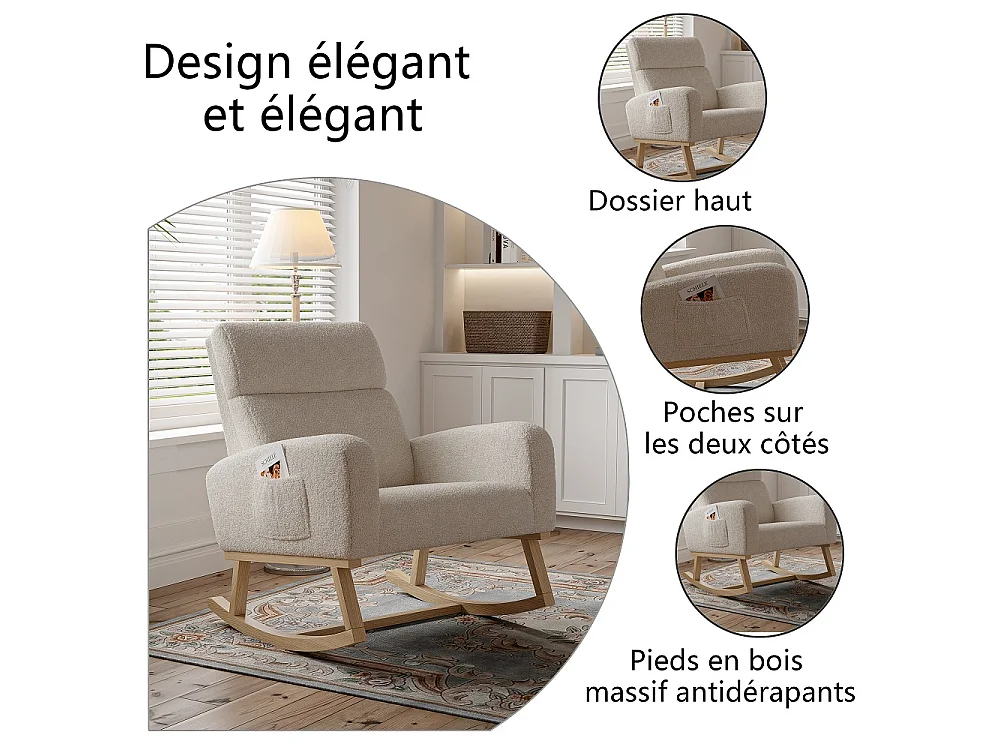Chaise à bascule - avec accoudoirs et poche latérale - Base en bois - Tissu en peluche en peluche - Beige