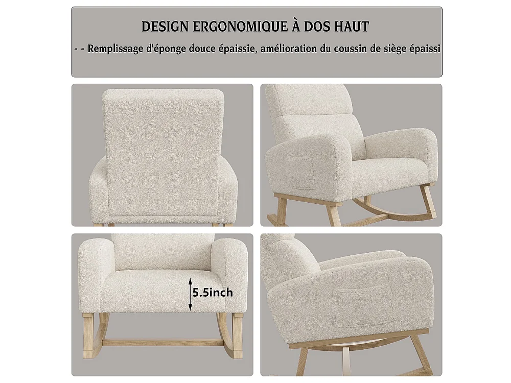 Chaise à bascule - avec accoudoirs et poche latérale - Base en bois - Tissu en peluche en peluche - Beige