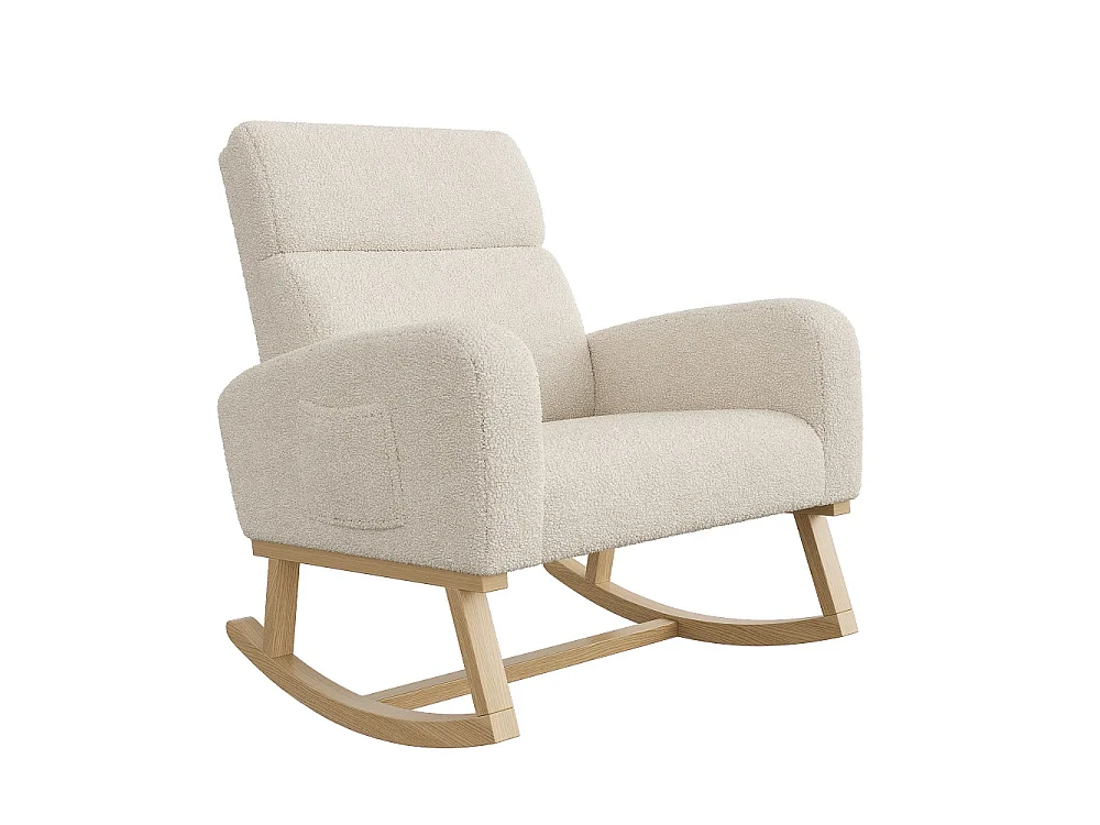 Chaise à bascule - avec accoudoirs et poche latérale - Base en bois - Tissu en peluche en peluche - Beige