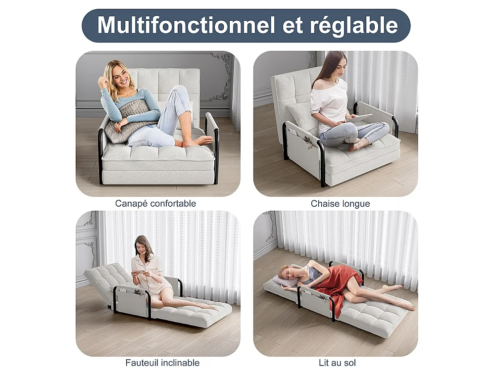 Canapé à plancher pliant - avec accoudoirs et poches latérales - 5 engrenages réglables - Matériel laine d'agneau - beige