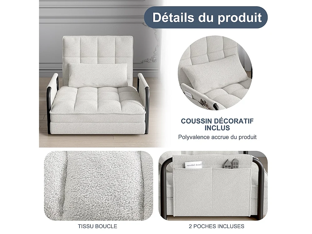 Canapé à plancher pliant - avec accoudoirs et poches latérales - 5 engrenages réglables - Matériel laine d'agneau - beige