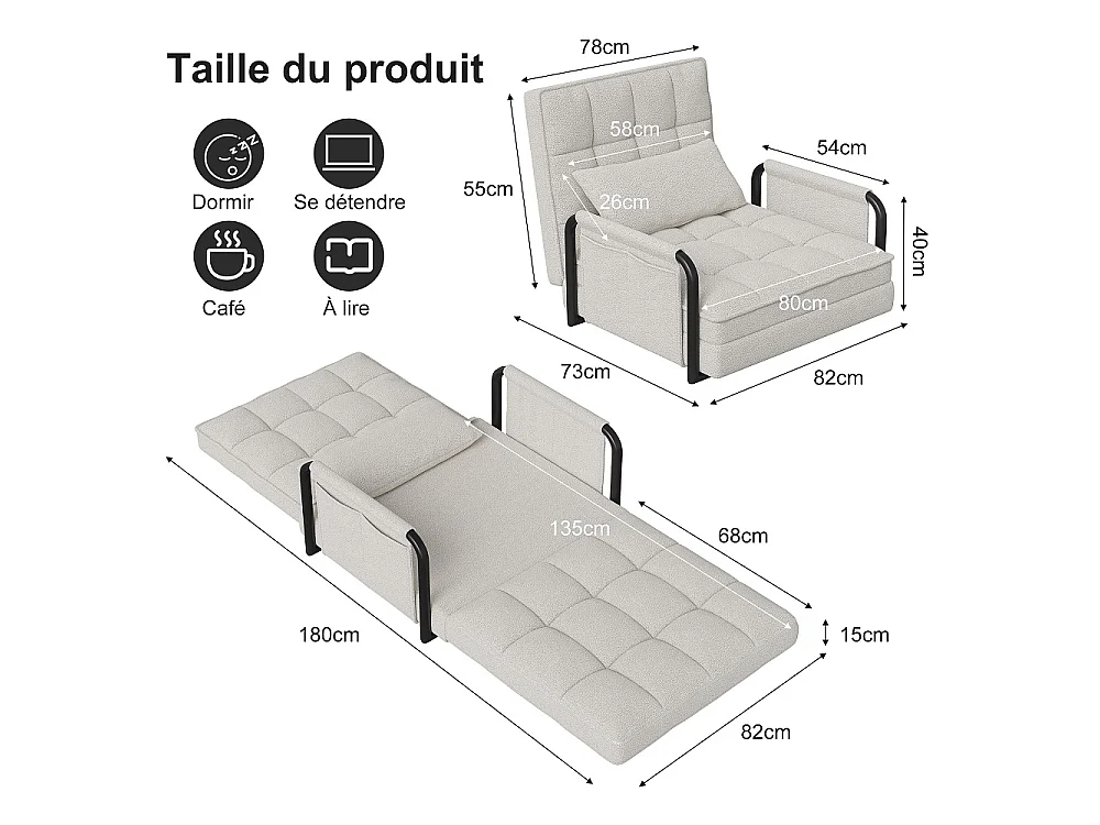 Canapé à plancher pliant - avec accoudoirs et poches latérales - 5 engrenages réglables - Matériel laine d'agneau - beige