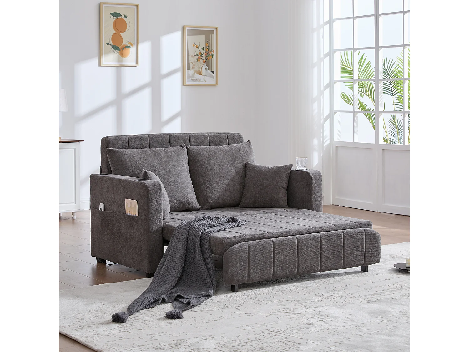 Sofá convertible de 2 plazas con bolsillos de almacenamiento, puerto USB y portavasos, se convierte en cama, tchenilla, gris