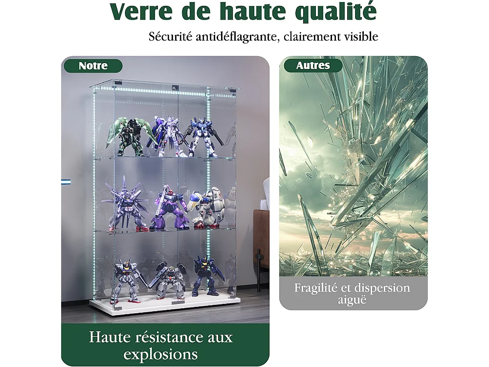 Armoire d'affichage moderne - 3 couches 2 portes - avec éclairage LED - verre trempé - bande LED - blanc