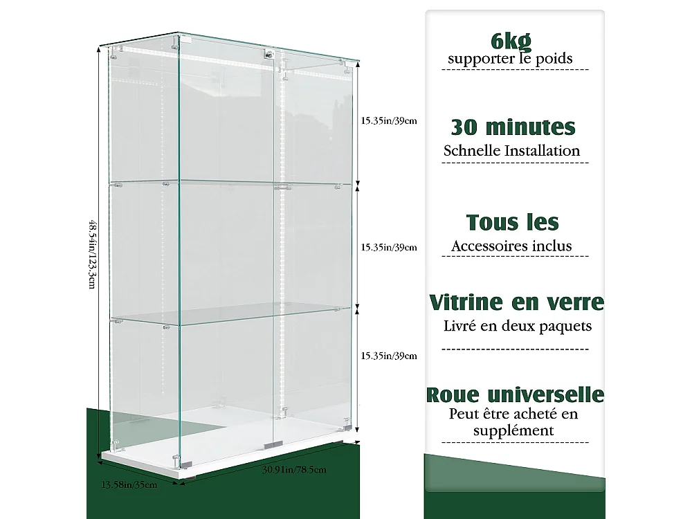Armoire d'affichage moderne - 3 couches 2 portes - avec éclairage LED - verre trempé - bande LED - blanc