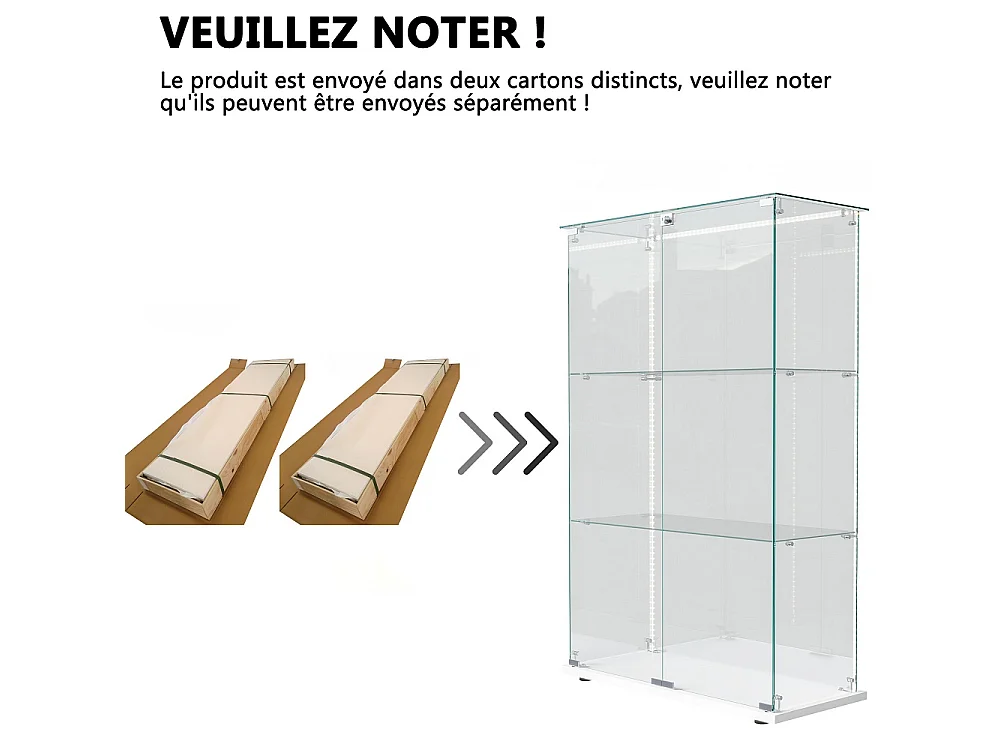 Armoire d'affichage moderne - 3 couches 2 portes - avec éclairage LED - verre trempé - bande LED - blanc