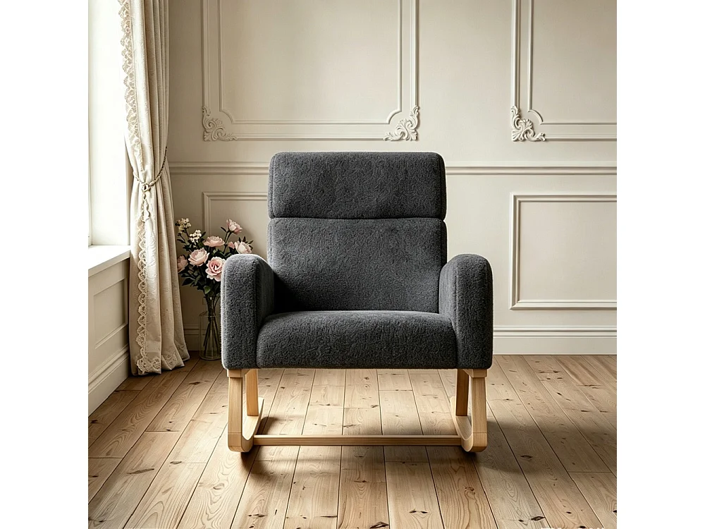 Chaise à bascule - avec accoudoirs et poche latérale - Base en bois - Tissu en peluche en peluche - Gris foncé