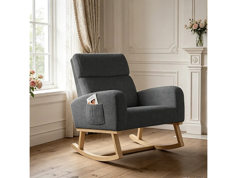 Chaise à bascule - avec accoudoirs et poche latérale - Base en bois - Tissu en peluche en peluche - Gris foncé