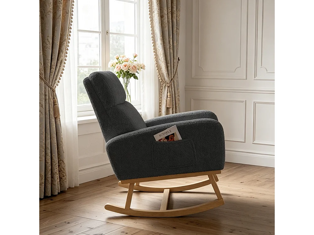 Chaise à bascule - avec accoudoirs et poche latérale - Base en bois - Tissu en peluche en peluche - Gris foncé