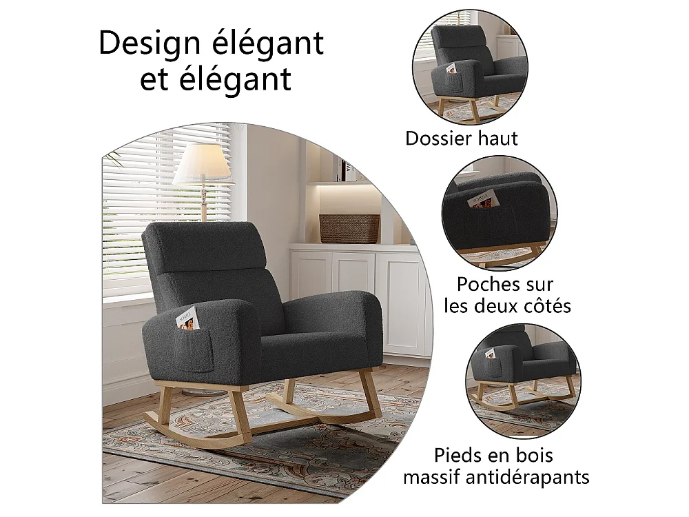 Chaise à bascule - avec accoudoirs et poche latérale - Base en bois - Tissu en peluche en peluche - Gris foncé