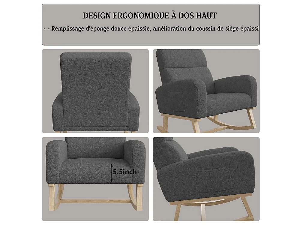 Chaise à bascule - avec accoudoirs et poche latérale - Base en bois - Tissu en peluche en peluche - Gris foncé