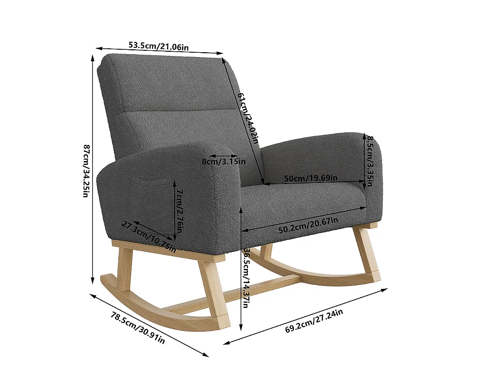 Chaise à bascule - avec accoudoirs et poche latérale - Base en bois - Tissu en peluche en peluche - Gris foncé