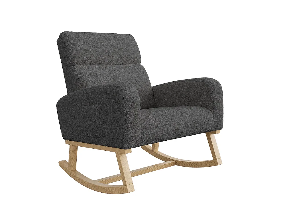 Chaise à bascule - avec accoudoirs et poche latérale - Base en bois - Tissu en peluche en peluche - Gris foncé