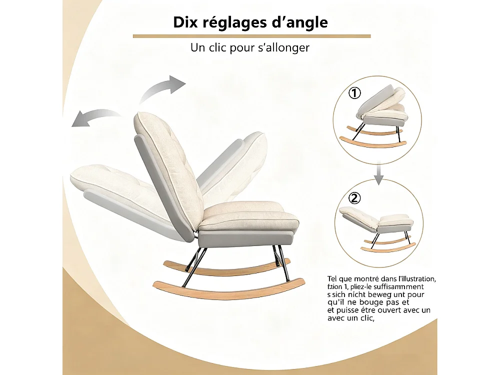 Chaise à bascule ergonomique - Position de dossier réglable - avec bascules en bois - Linge + Chiffon technique