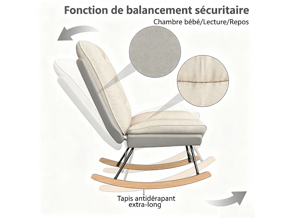 Chaise à bascule ergonomique - Position de dossier réglable - avec bascules en bois - Linge + Chiffon technique