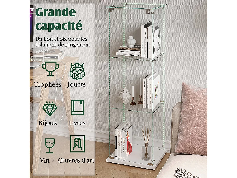 Plaque d'affichage transparente - 40 x 35 x 123 cm - Porte simple 3 couches avec éclairage LED - blanc