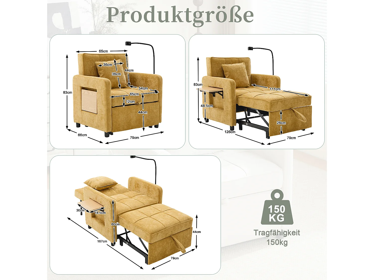Slaapbank met 5-voudig verstelbare rugleuning, opbergruimte en tafelblad, chenille, mosterdgeel