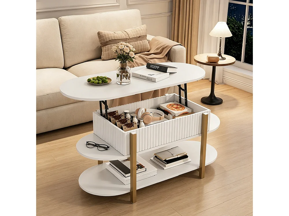 Table basse ovale avec ascenseur - 106 x 45 x 50 cm - Table à thé à 3 niveaux avec espace de rangement caché - blanc