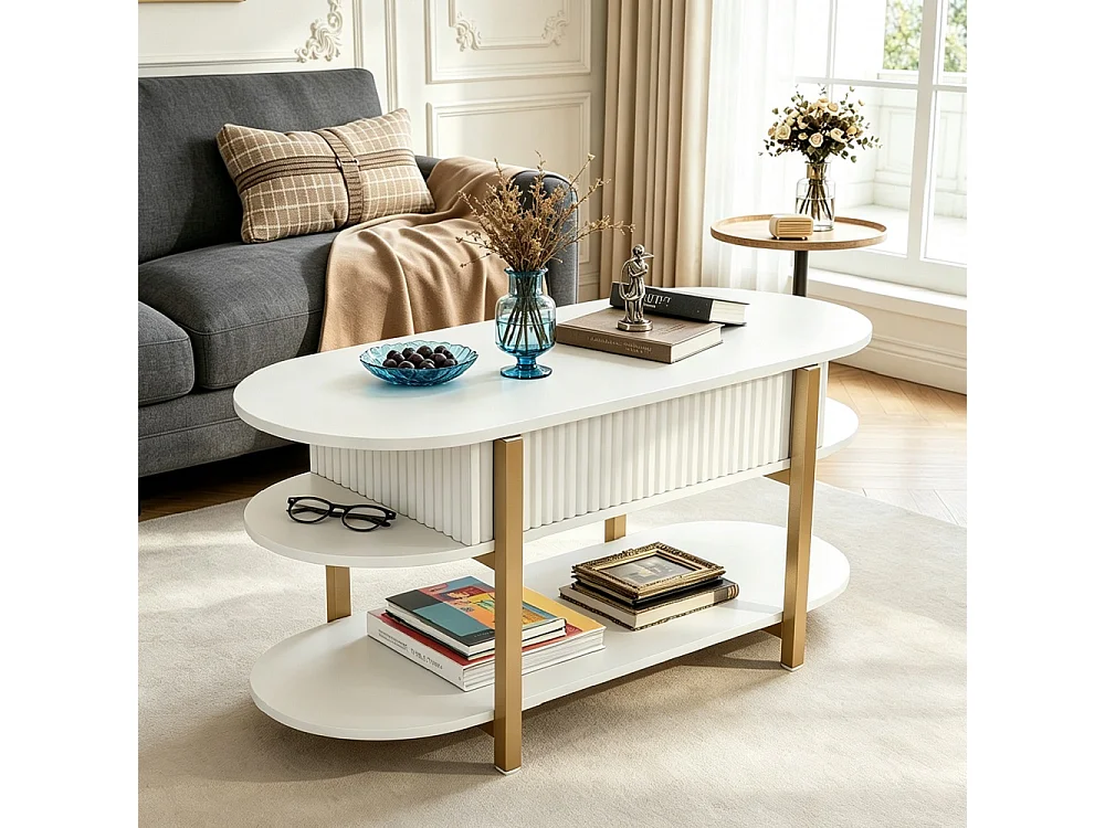 Table basse ovale avec ascenseur - 106 x 45 x 50 cm - Table à thé à 3 niveaux avec espace de rangement caché - blanc