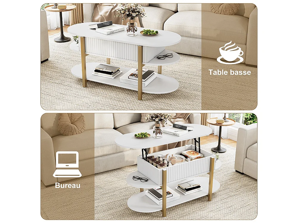 Table basse ovale avec ascenseur - 106 x 45 x 50 cm - Table à thé à 3 niveaux avec espace de rangement caché - blanc