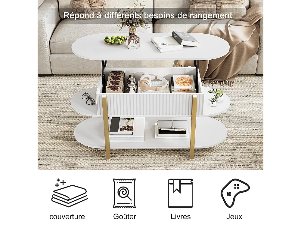 Table basse ovale avec ascenseur - 106 x 45 x 50 cm - Table à thé à 3 niveaux avec espace de rangement caché - blanc
