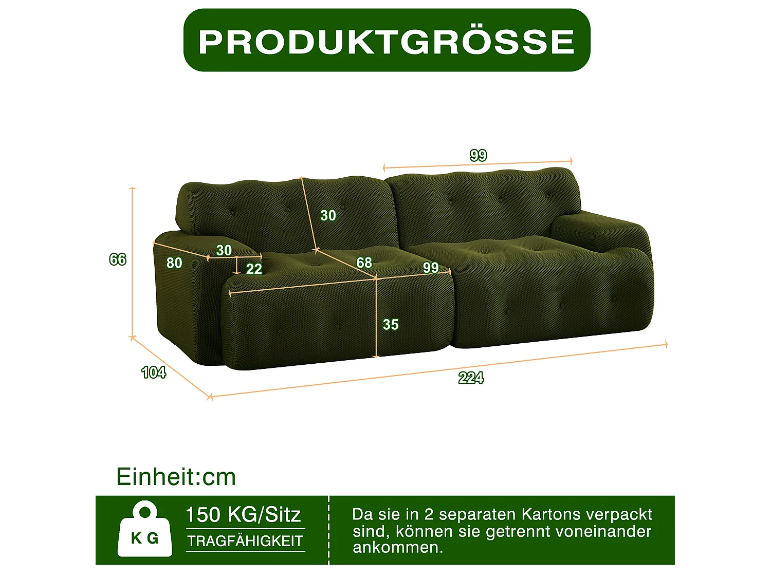 2-zits rechte bank met brede armleuning, modern design, stof, groen