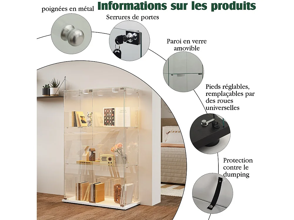 Armoire d'affichage moderne - 3 couches 2 portes - avec éclairage LED - Verre trempé - Lumière Pat - Blanc
