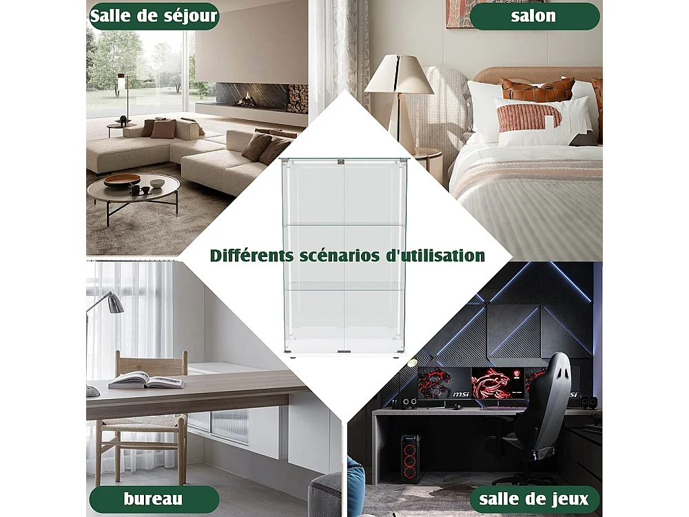 Armoire d'affichage moderne - 3 couches 2 portes - avec éclairage LED - Verre trempé - Lumière Pat - Blanc