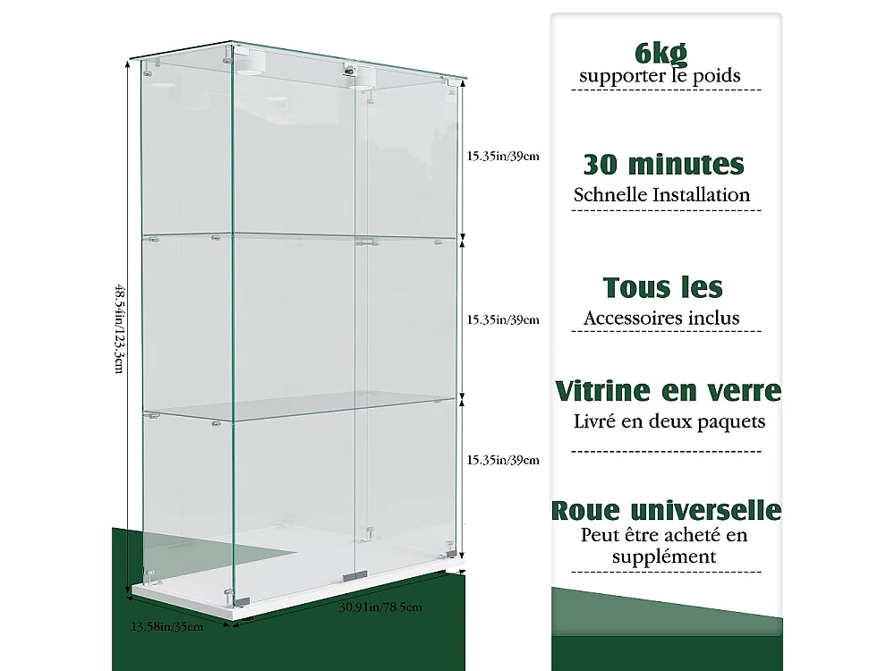 Armoire d'affichage moderne - 3 couches 2 portes - avec éclairage LED - Verre trempé - Lumière Pat - Blanc