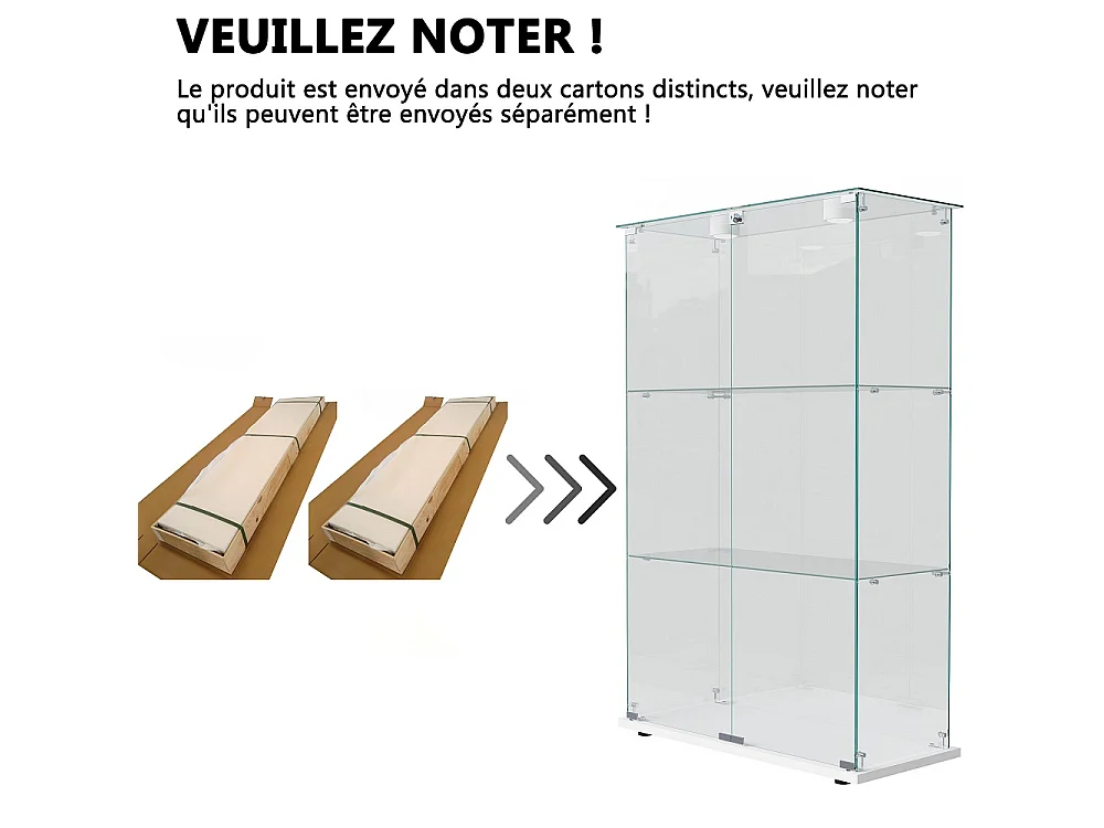 Armoire d'affichage moderne - 3 couches 2 portes - avec éclairage LED - Verre trempé - Lumière Pat - Blanc