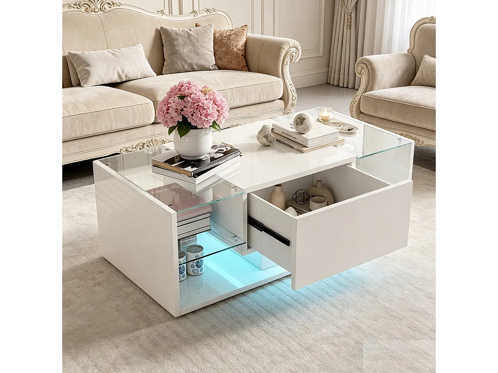 Table basse haute brillante - 100 x 50 x 35 cm - avec éclairage LED, tiroir et compartiment ouvert - Blanc